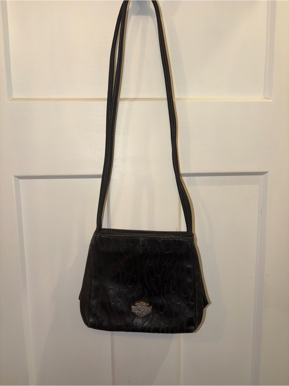 Harley-Davidson Black Leather Shoulder Bag with Flame Embossing